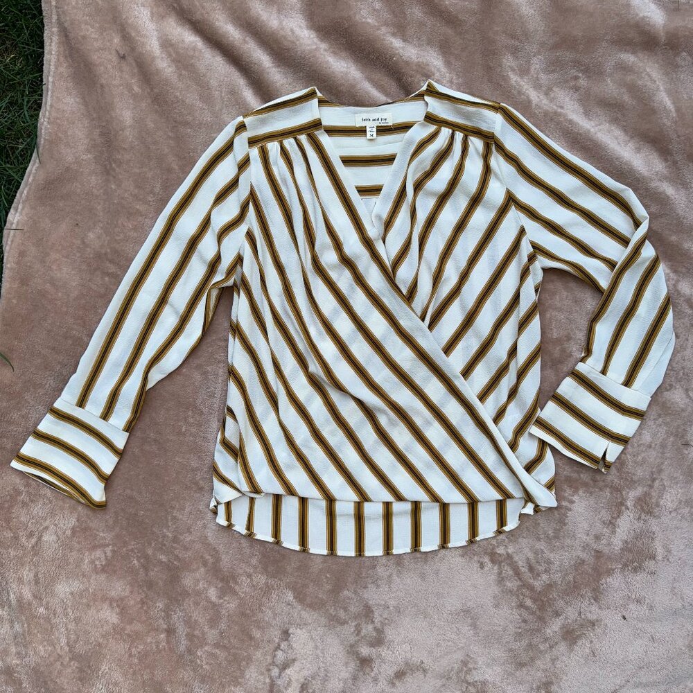Faith and Joy V-Neck Mustard Yellow Striped Blouse -- Size Medium